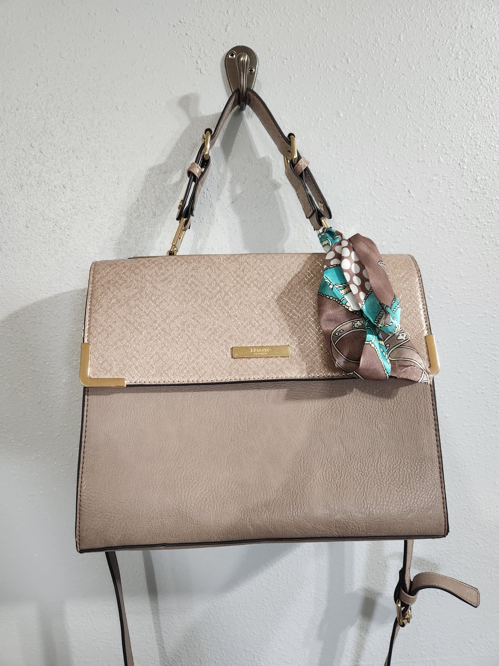 Dune London Champagne Gold Taupe Satchel with Teal Accent Scarf